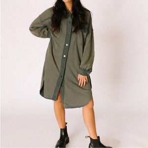 POL Olive Green Button-Front Midi Shirt Dress